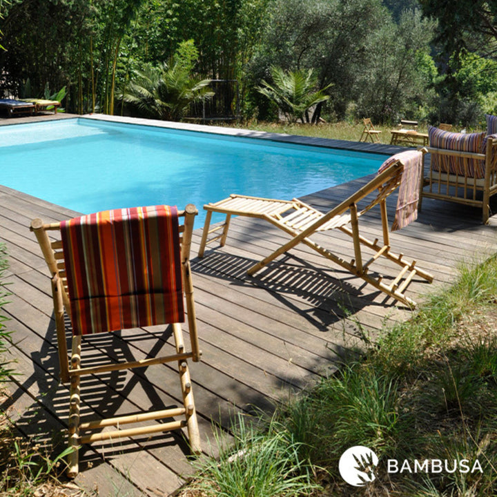 Chaise longue Yusha — chaise longue de jardin en bambou naturel pliante